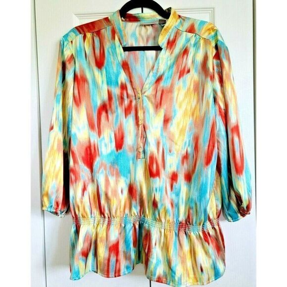 Chico's Size 2 Striped 3/4 Sleeve Colorful Shirt Women's L Button Gathered Waist - Picture 1 of 6